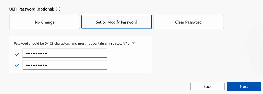 Screenshot che mostra l'aggiunta di una password per proteggere le impostazioni UEFI da persone non autorizzate.