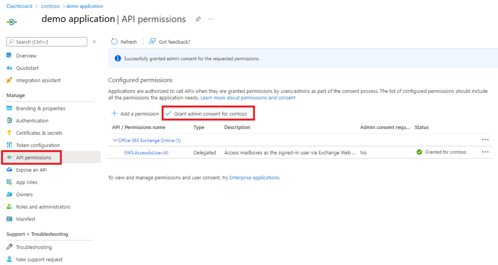 Screenshot delle autorizzazioni dell'API app di Azure AD.
