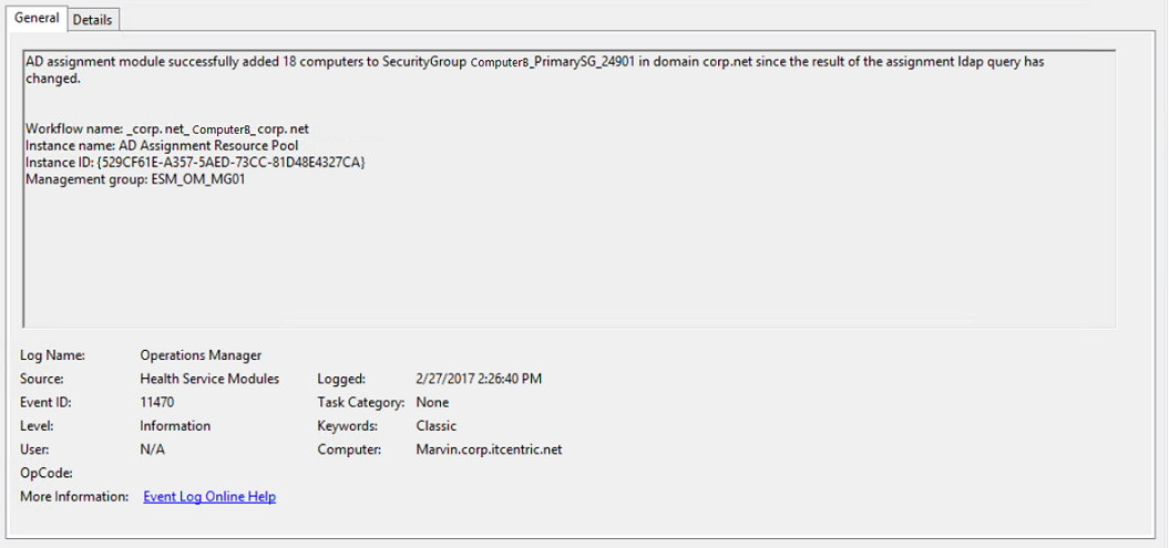Screenshot che mostra l'evento di esito positivo dell'assegnazione dell'agente di Integrazione Active Directory.