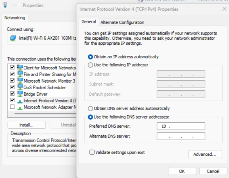 Screenshot che mostra l'IP del server DNS.