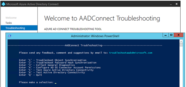 Screenshot della schermata di risoluzione dei problemi di Microsoft Entra Connect.