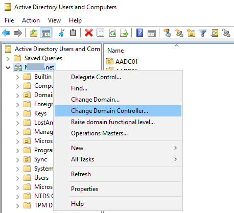 Screenshot dell'opzione Modifica controller di dominio di Active Directory.