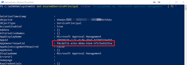 Screenshot dell'output di una richiesta per visualizzare l'entità servizio Microsoft Entra.