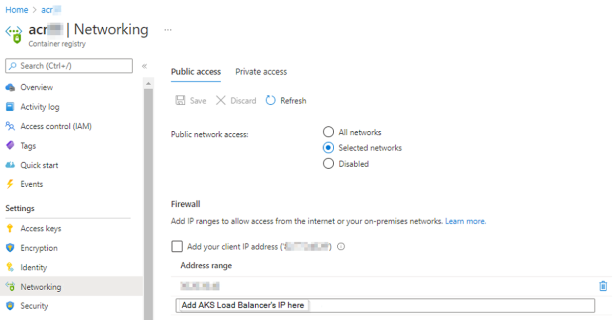 Screenshot su come aggiungere l'indirizzo IP pubblico di Load Balancer del servizio Azure Kubernetes all'intervallo di indirizzi