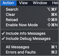 Screenshot che mostra le opzioni Include Info Messages and Include Debug Messages (Includi messaggi di debug) selezionate.