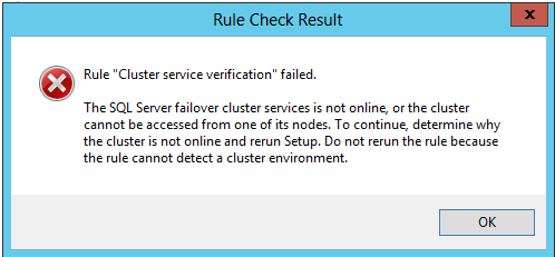 Screenshot della finestra Risultato controllo regole, che mostra la verifica del servizio cluster di regole non riuscita.