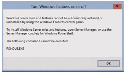 Screenshot dei ruoli e delle funzionalità che non possono essere installati automaticamente tramite l'errore Funzionalità di Windows.