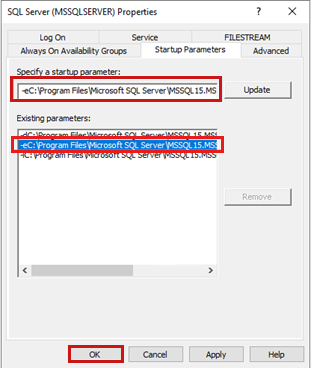 Screenshot della scheda Parametri di avvio della finestra di dialogo Proprietà SQL Server (MSSQLSERVER).