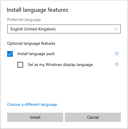 Screenshot della finestra di dialogo Installa funzionalità del linguaggio.
