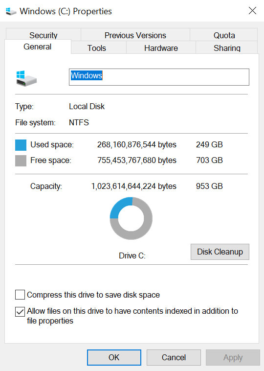 Screenshot delle proprietà dell'unità di sistema con l'opzione di pulizia del disco nella scheda generale.