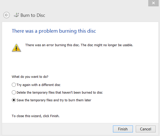 Screenshot del messaggio di errore: Si è verificato un problema durante la masterizzazione del disco. Il disco potrebbe non essere più utilizzabile.