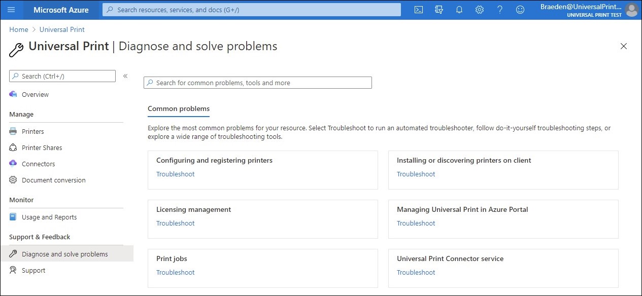 Screenshot del portale di Amministrazione che mostra una nuova pagina Diagnostica e risoluzione dei problemi.