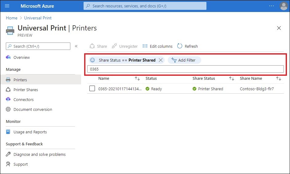 Screenshot del portale di Amministrazione che mostra i nuovi controlli filtro nella pagina Elenco stampanti.