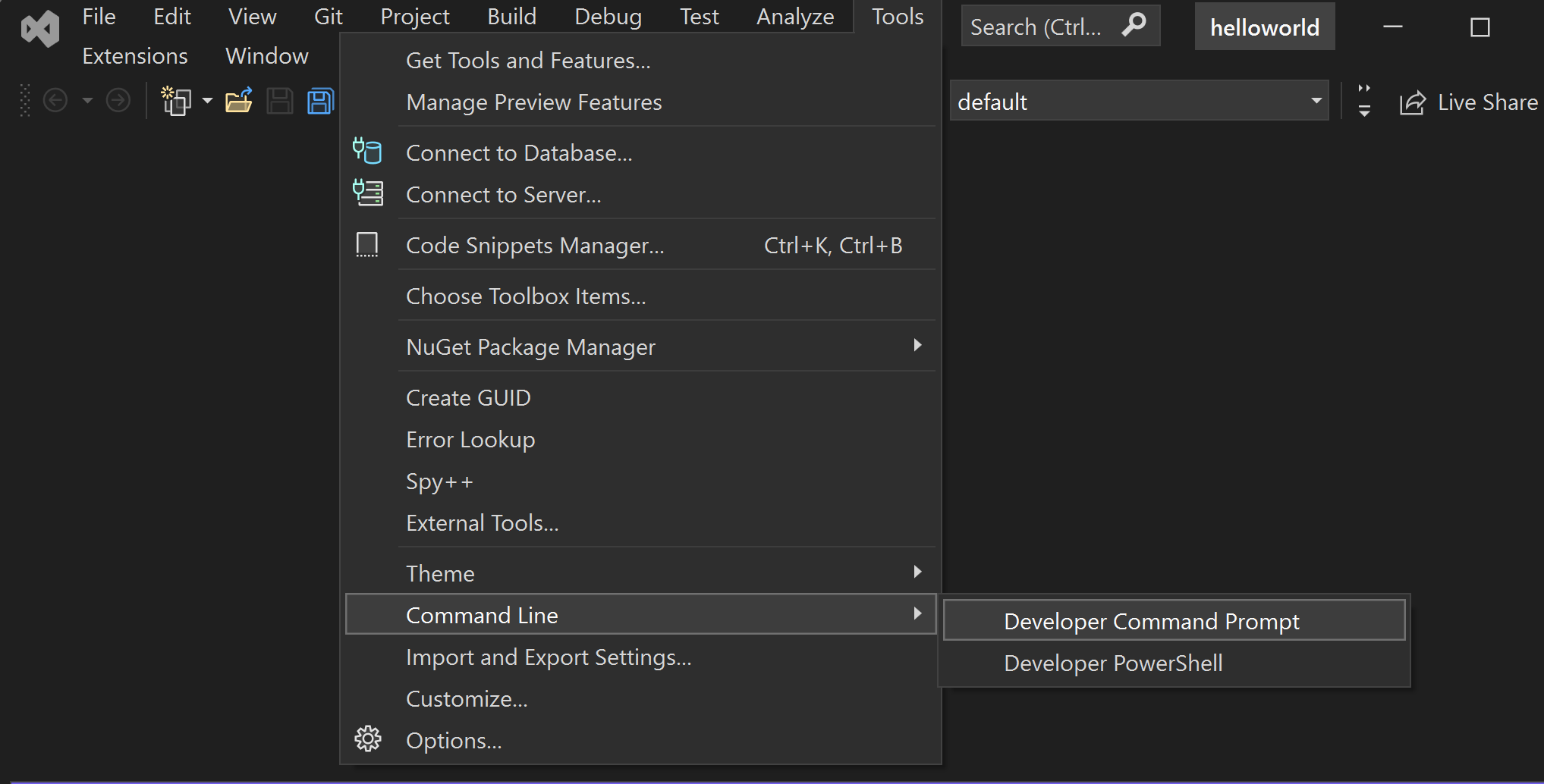 apertura del prompt dei comandi per gli sviluppatori di Visual Studio.