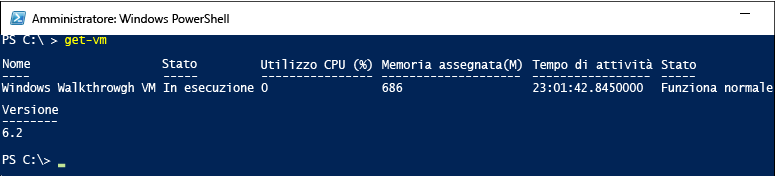 Screenshot of the Administrator Windows Power Shell screen showing the output after entering Get V M.