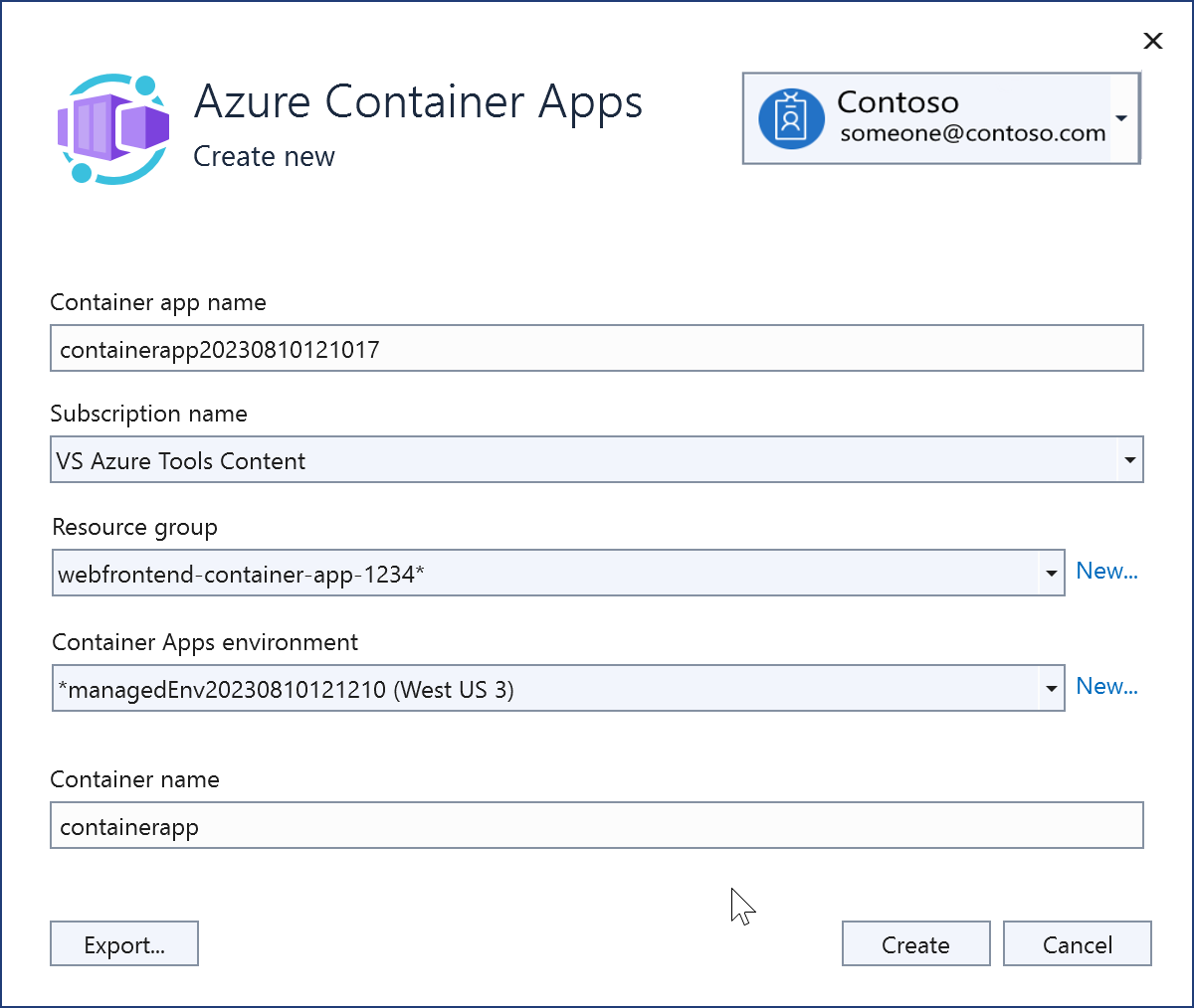 Screenshot che mostra la creazione di una nuova istanza di App Contenitore di Azure.