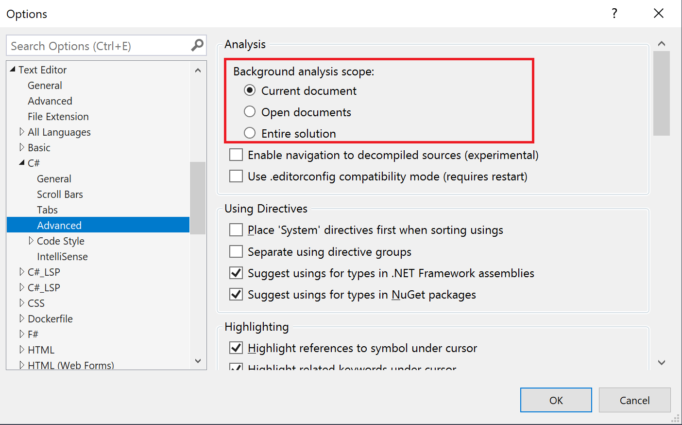 Screenshot che mostra le opzioni dell'ambito di analisi del codice in background in Visual Studio.