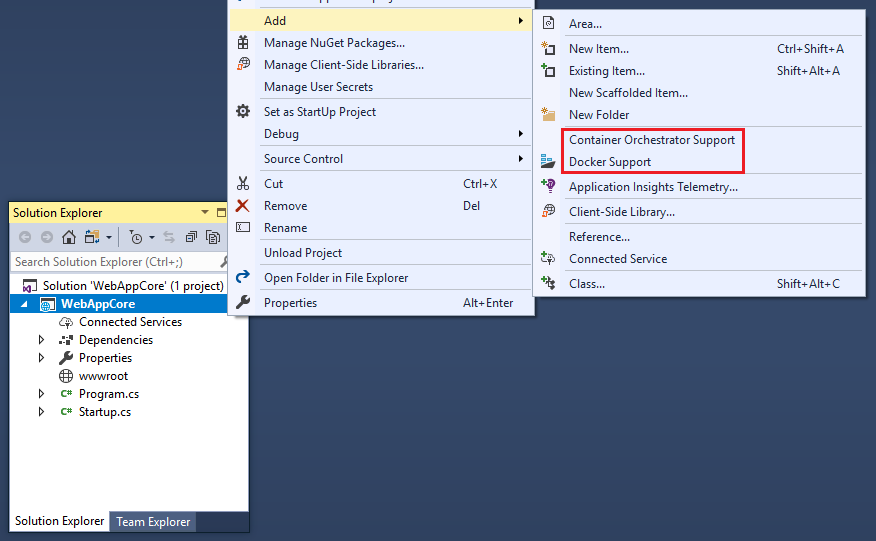 Opzione di menu Aggiungi Supporto Docker in Visual Studio