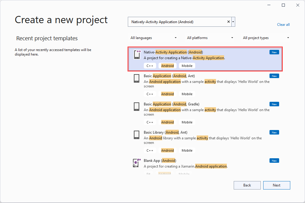 Screenshot che mostra il modello di progetto dell'attività nativa.