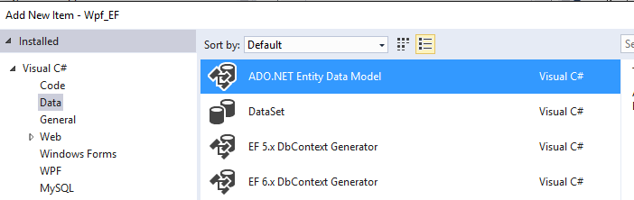 Screenshot del nuovo elemento del modello Entity Framework.
