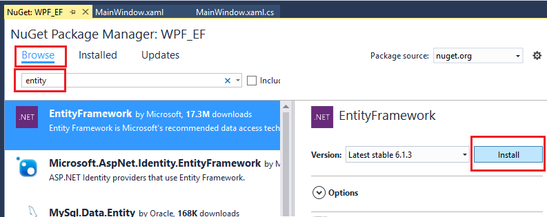 Screenshot del pacchetto NuGet del pacchetto NuGet di Entity Framework.