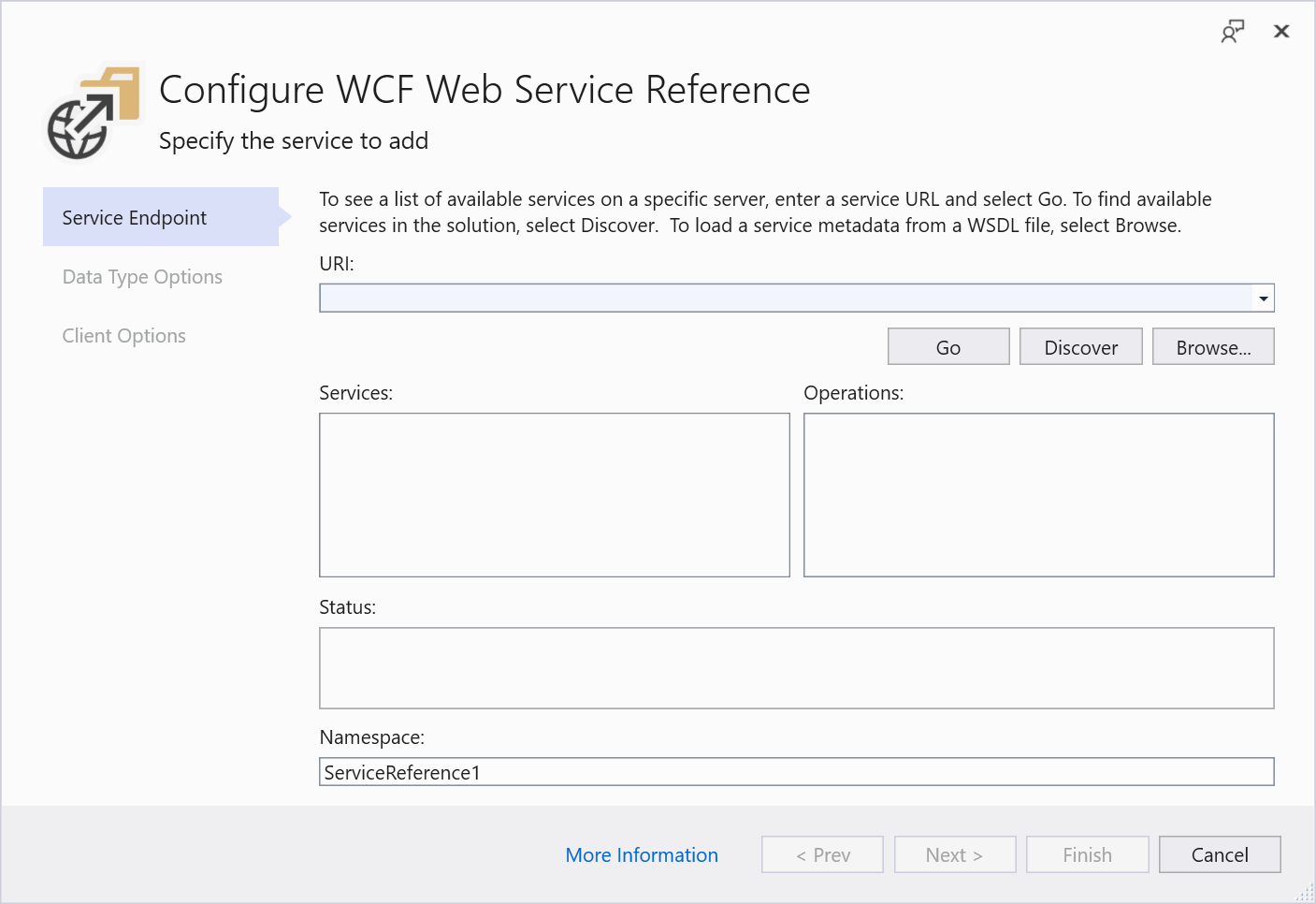 Screenshot della finestra di dialogo Provider di servizi Web WCF
