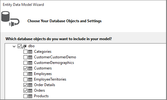 Screenshot della scelta di oggetti di database per il modello.