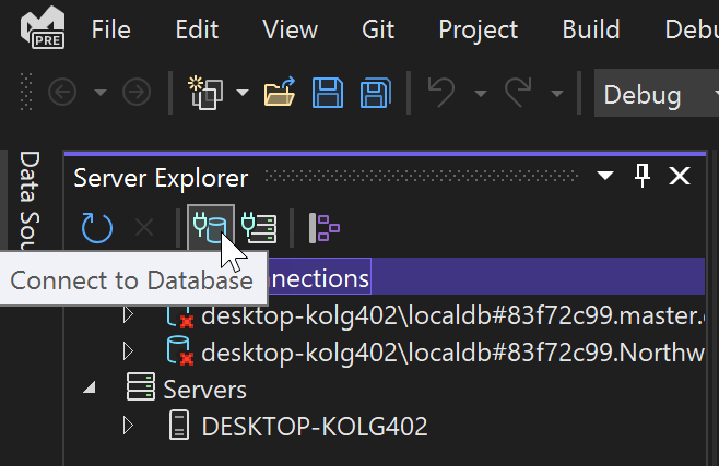 Screenshot che mostra l'icona di Esplora server Connessione a Database.
