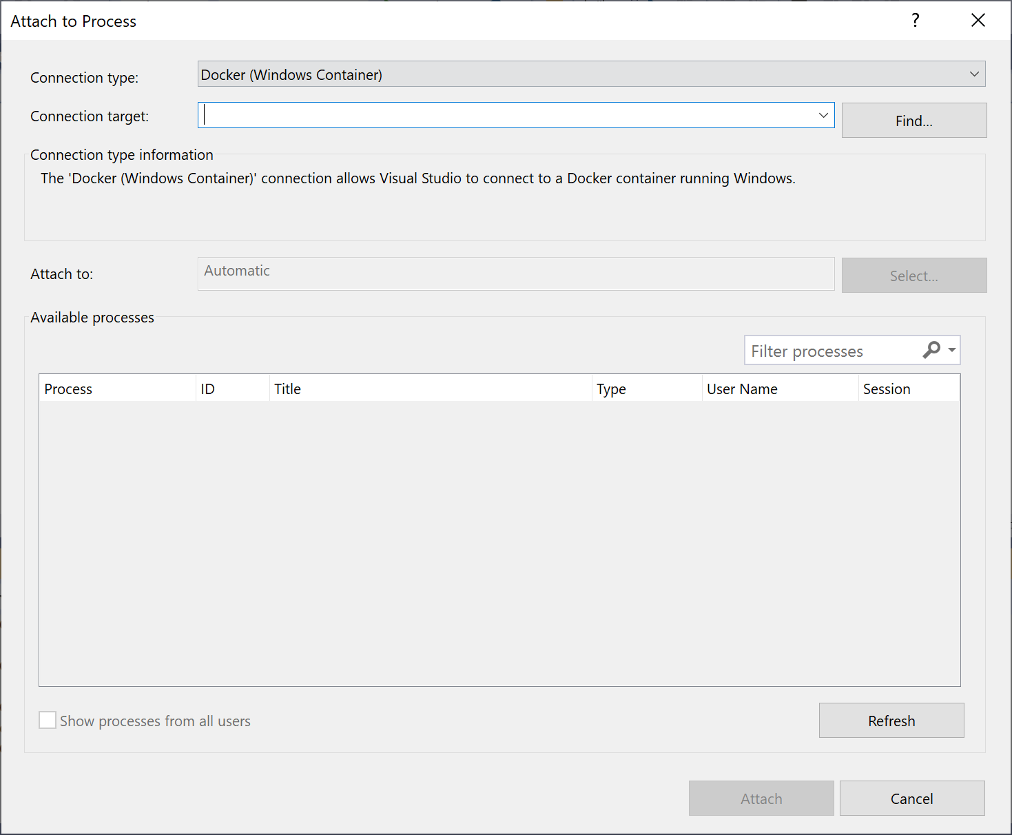Screenshot della finestra di dialogo Connetti a processo in Visual Studio che mostra un tipo di Connessione ion docker (contenitore Windows).
