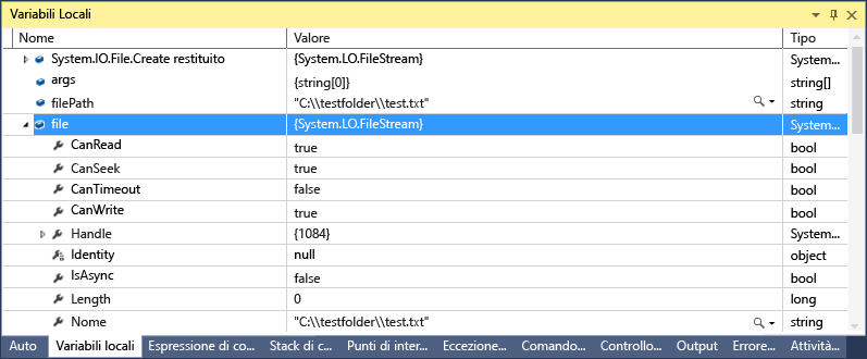 Screenshot della finestra Variabili locali con il file impostato su un valore System.IO.FileStream.