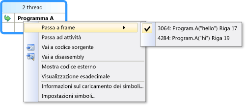 Screenshot of Shortcut menu in Parallel Stacks window.
