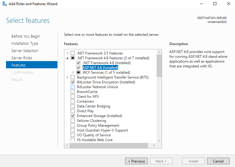 Screenshot di IIS Aggiungere ruoli e funzionalità per IIS: ASP.NET 4.8 selezionato.