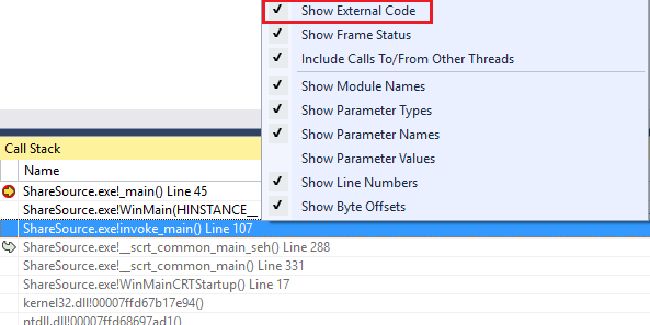 Screenshot di Mostra codice esterno nella finestra Stack di chiamate.