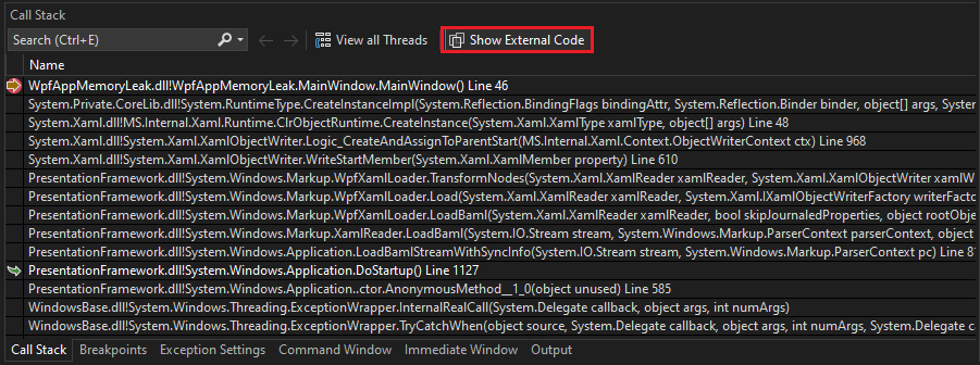 Screenshot of Call Stack window showing external code.