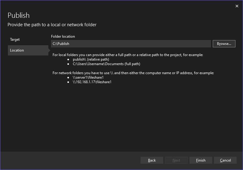 Screenshot della finestra di dialogo Seleziona destinazione di pubblicazione in Visual Studio con la cartella 'C:\Publish' selezionata come destinazione di pubblicazione.