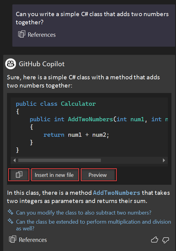 Screenshot delle opzioni per copiare il blocco di codice, inserire il codice nel nuovo file o visualizzare in anteprima il codice per i suggerimenti di codice da Copilot Chat.