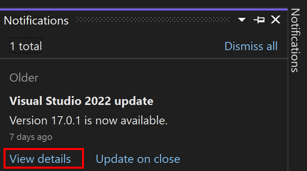 Screenshot che mostra l'hub Notifiche nell'IDE Visual Studio.