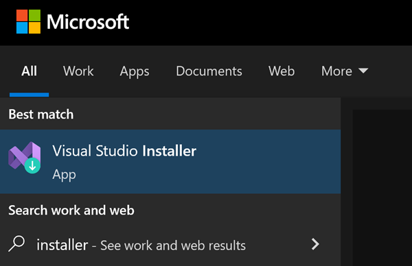 Screenshot che mostra il risultato di una menu Start ricerca del Programma di installazione di Visual Studio.