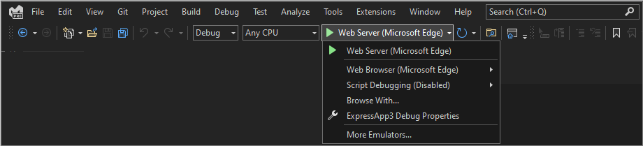 Screenshot that shows selecting Microsoft Edge as the debug target.