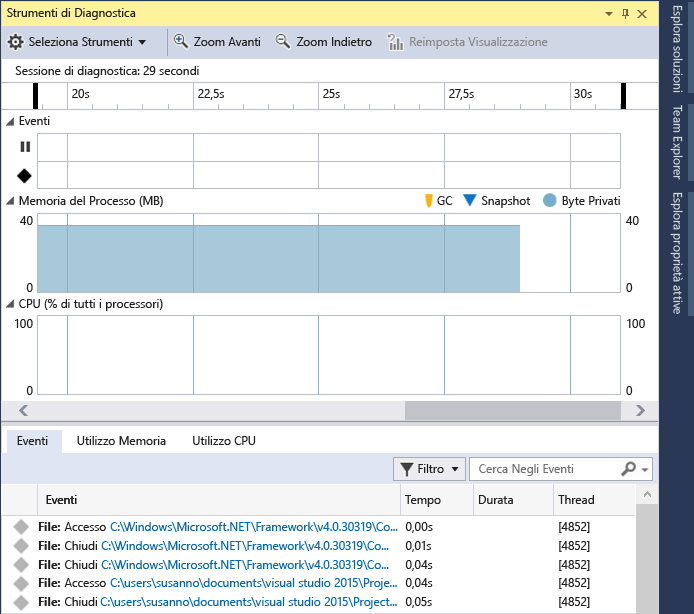 Screenshot of the Diagnostic Tools window in the Visual Studio debugger, showing the Events timeline and graphs for memory and CPU usage.