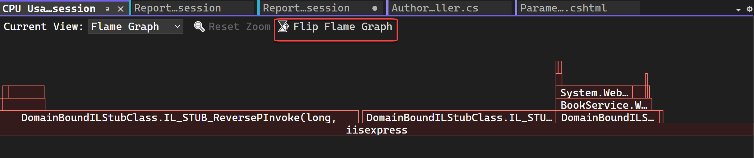 Screenshot che mostra l'opzione Flip Flame Graph selezionata.