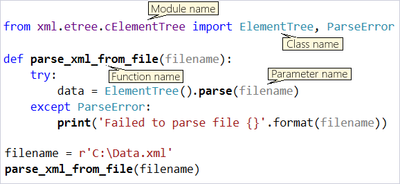 Screenshot che mostra la colorazione del codice e della sintassi nell'editor di Visual Studio.