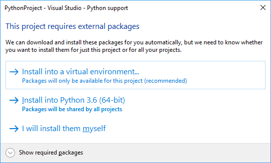 Screenshot che mostra la finestra di dialogo per installare i pacchetti per un modello di progetto in Visual Studio.