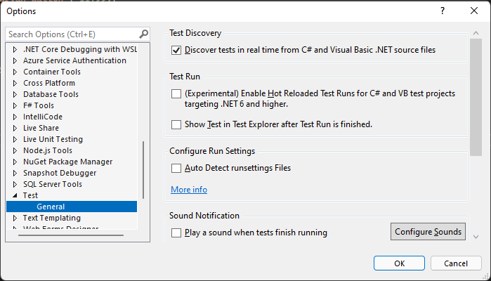 Opzione Di rilevamento automatico del file runsettings in Visual Studio