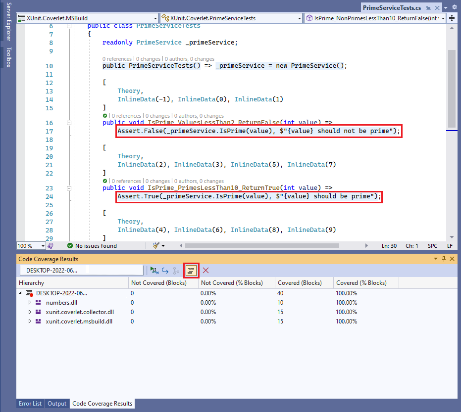 Screenshot che mostra il code coverage evidenziato.