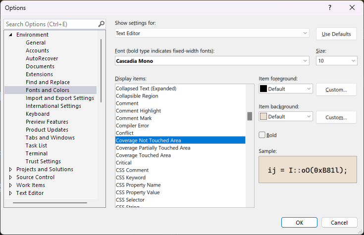 Screenshot che mostra i tipi di carattere e i colori del code coverage