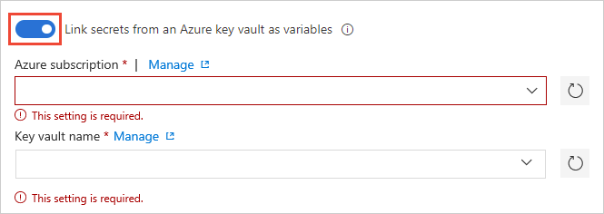 Screenshot del gruppo di variabili con l'integrazione dell'insieme di credenziali delle chiavi di Azure.