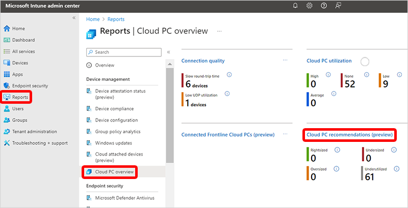Screenshot del report sulle raccomandazioni di Cloud PC.