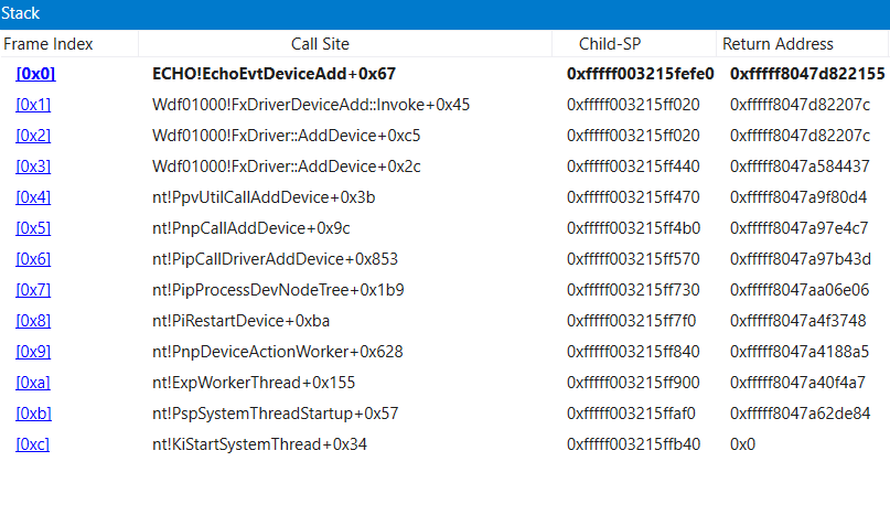 Screenshot di WinDbg che mostra la finestra stack di chiamate.