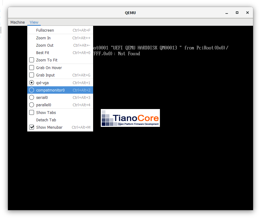 Screenshot di QEMU che mostra le opzioni del menu di visualizzazione.